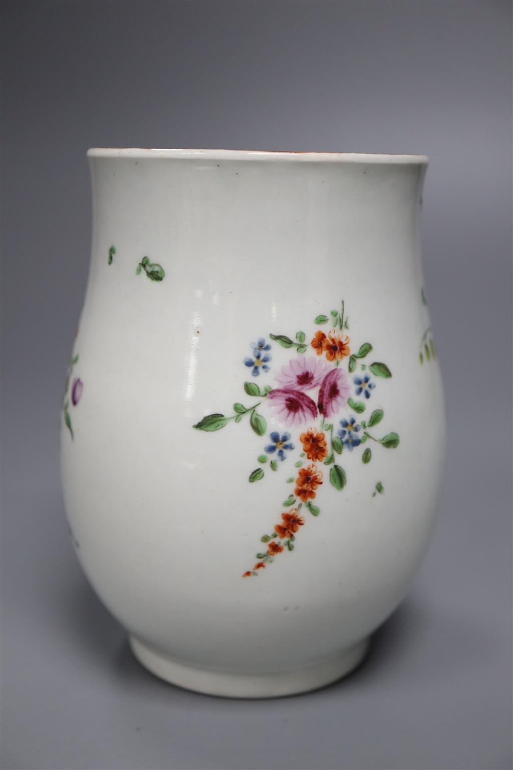 A Worcester bell-shaped mug, c.1760, painted with floral sprays, 12cm, ex Sir Jeremy Levy collection label